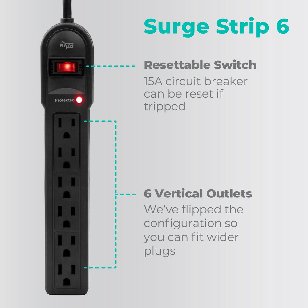 KMC surge protector with 6 outlets and 4-foot cord for desktops.