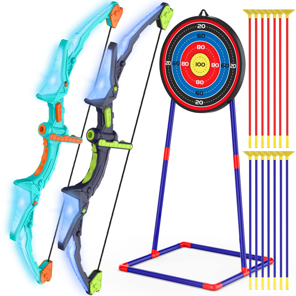 Kmuxilal archery bow with LED lights demonstrates quick 1-second assembly for kids.
