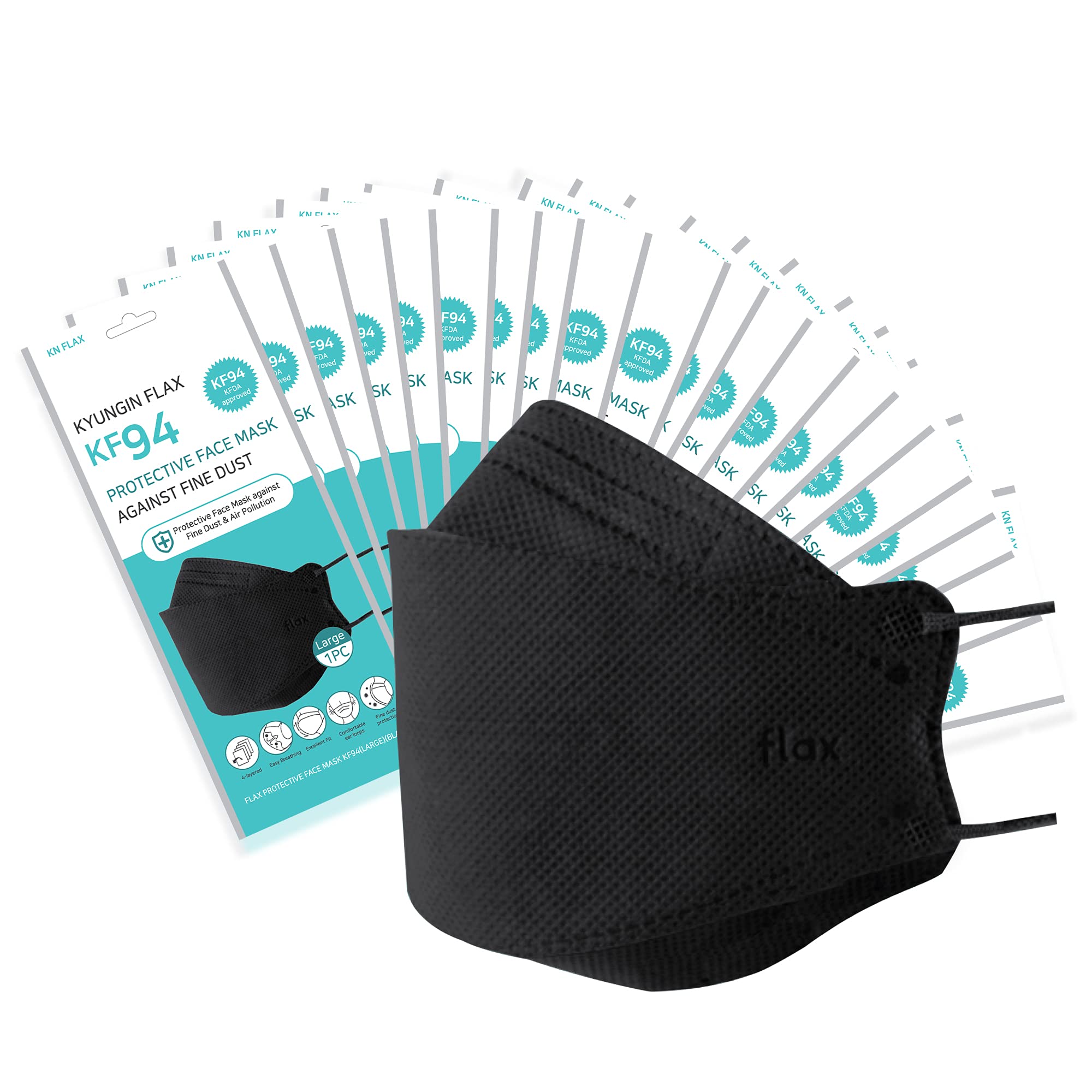 KN FLAX KF94 black mask in box packaging highlights premium Korean quality