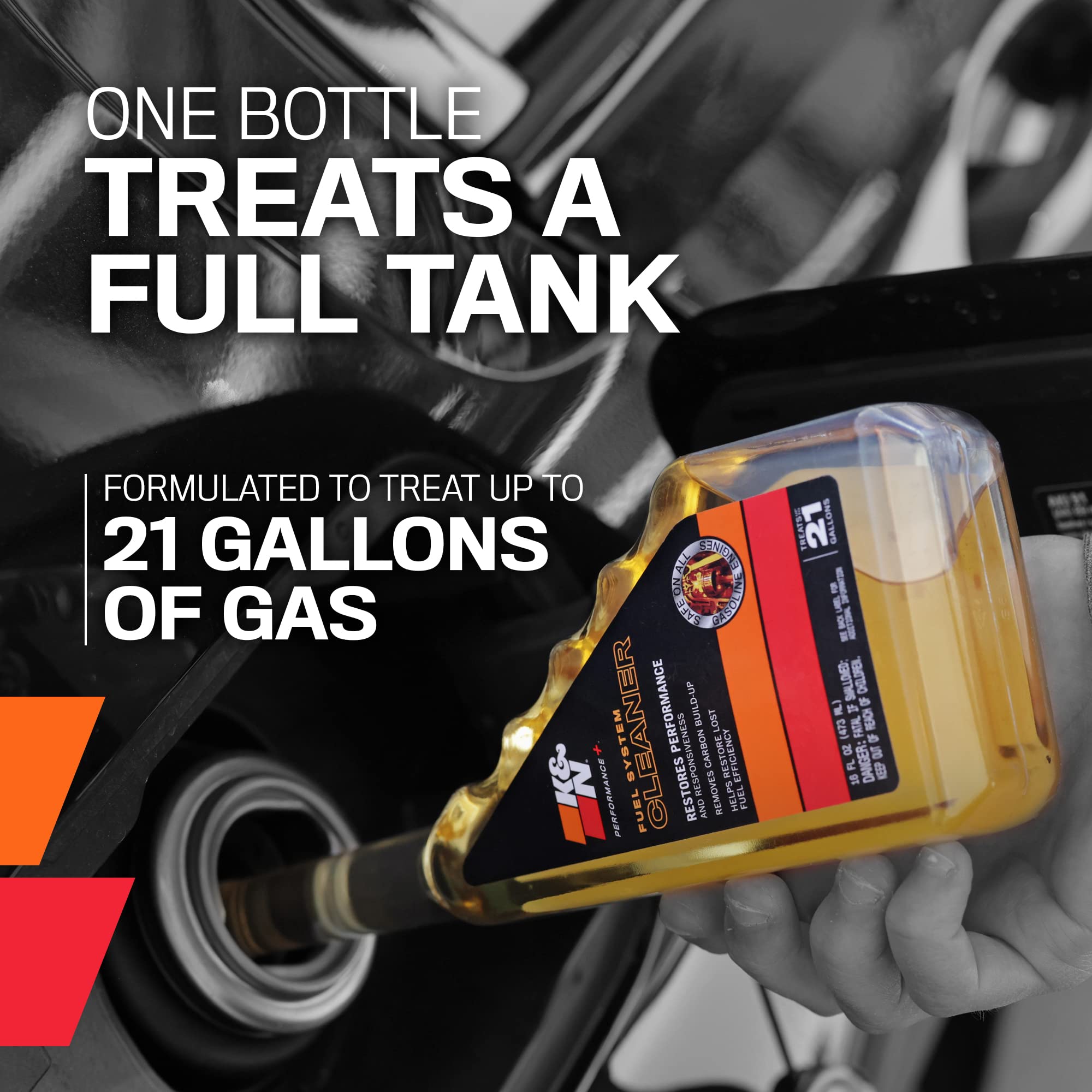 K&N Performance+ bottle with measurement marks indicating treatment up to 21 gallons.