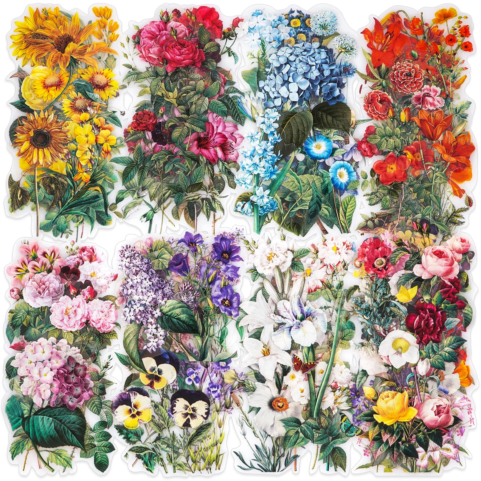 Knaid vintage flower stickers bundle with large 3.4-inch florals for journaling and scrapbooking.