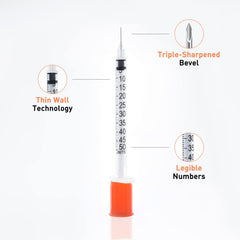 Knixxo U-100 syringe with clear, easy-to-read graduated barrel.