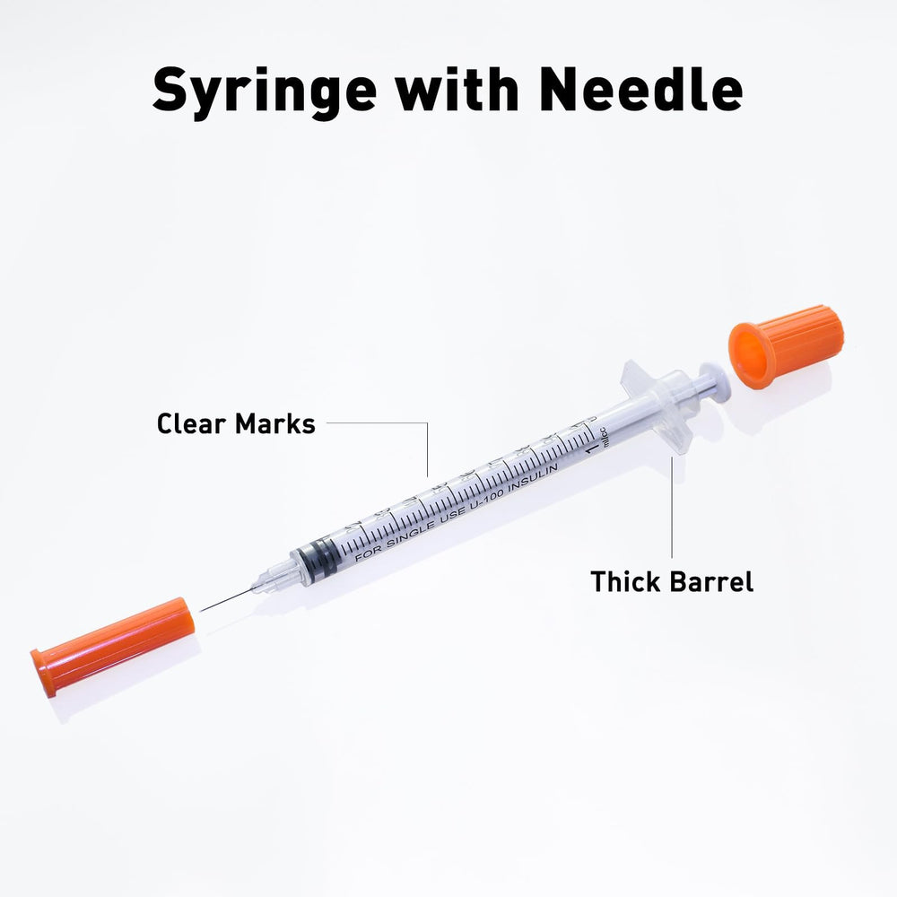 Knixxo U-100 syringe clear graduated barrel for quick measurements.