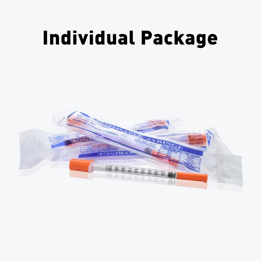 Knixxo U-100 syringe individually wrapped for hygienic single-use.