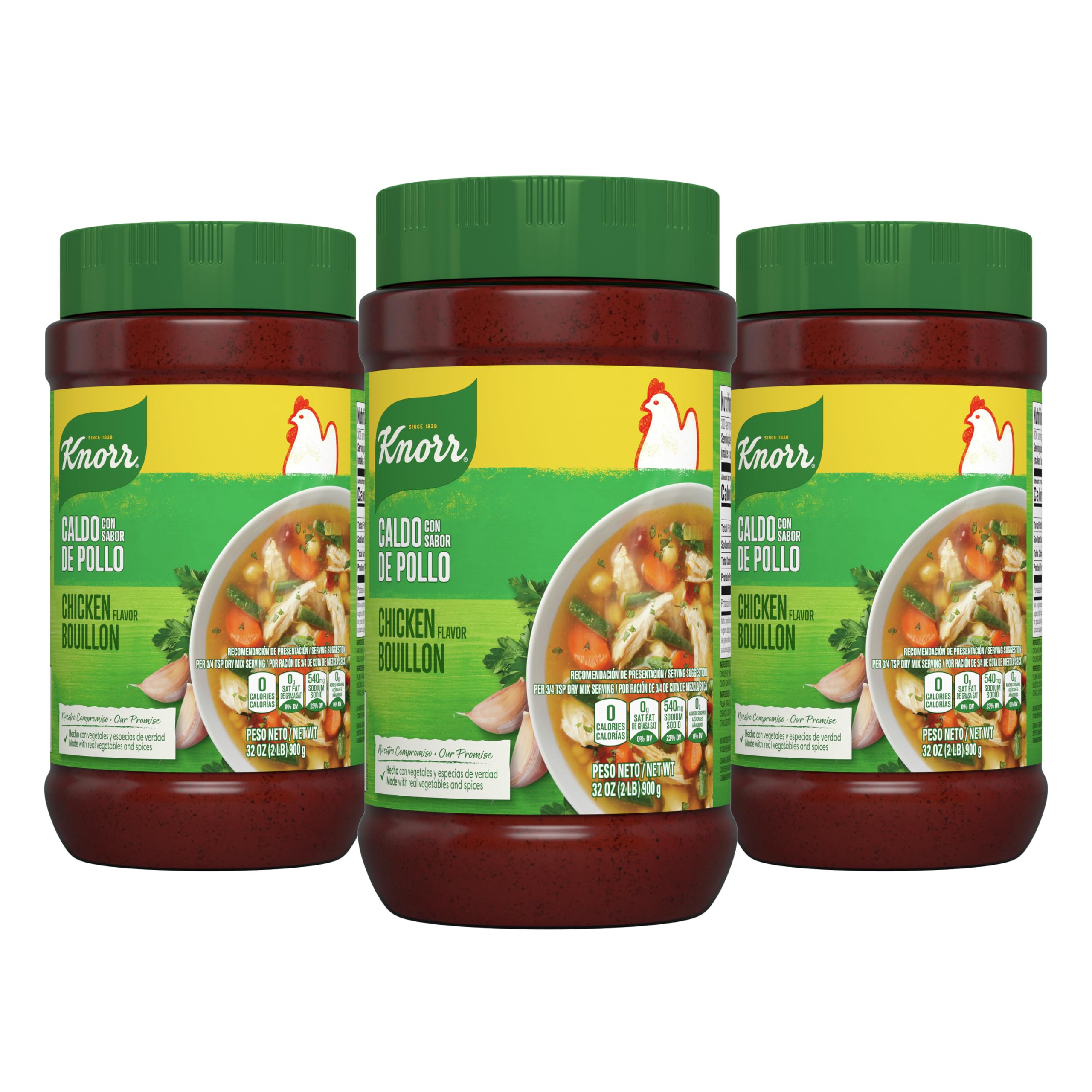 Knorr granulated chicken bouillon jar label on pantry shelf.