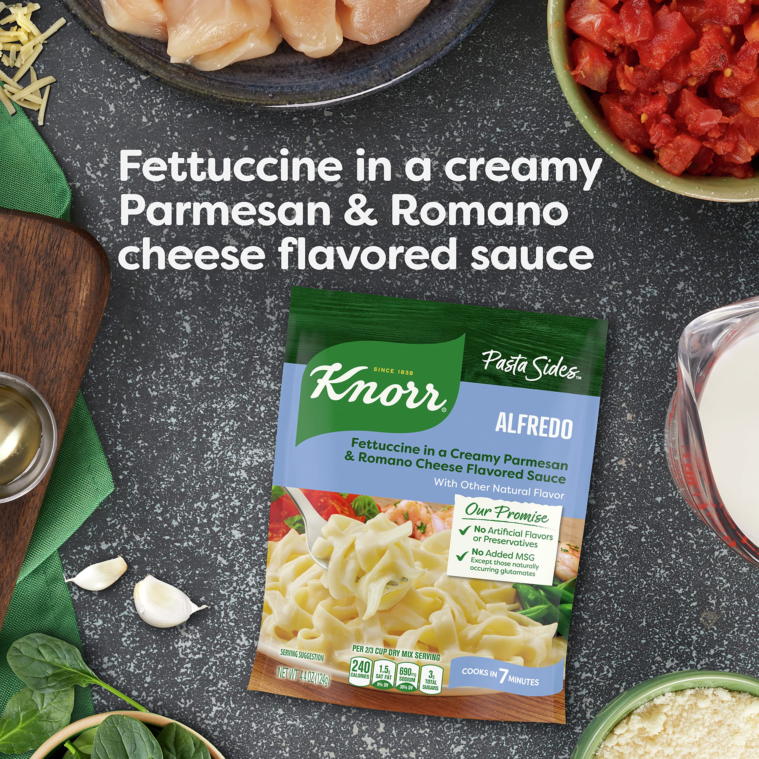Knorr Pasta Sides Alfredo Fettuccine cheesy sauce image, creamy texture suggested.