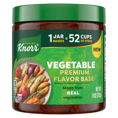 Knorr Vegetable Premium Flavor Base jar close-up showing brand and packaging for authentic flavor.