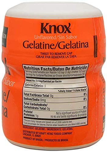 Knox gelatin powder beside a measuring spoon ready to dissolve for neutral thickening.