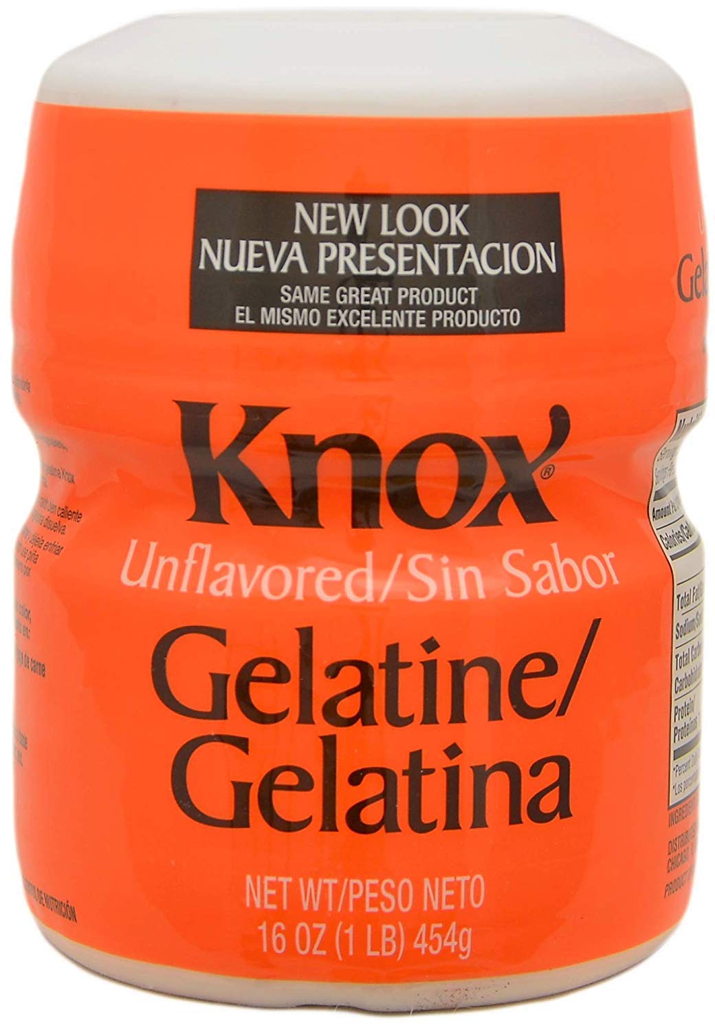 Knox unflavored gelatin 1lb packaging for bulk dessert and salad prep.