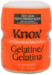 Knox unflavored gelatin 1lb packaging for bulk dessert and salad prep.