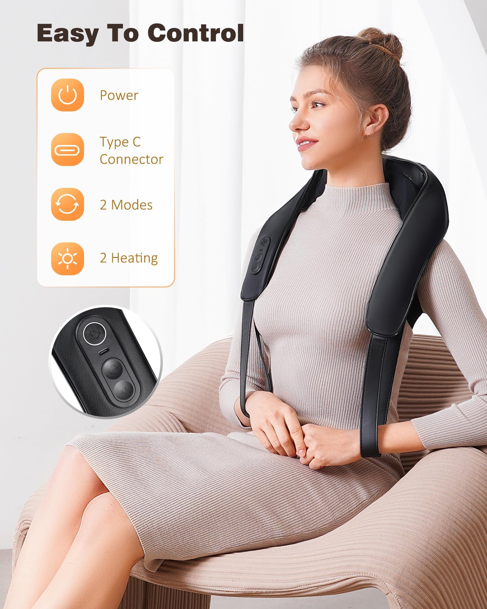 KNQZE massager with strap in use showing hands-free relief while multitasking