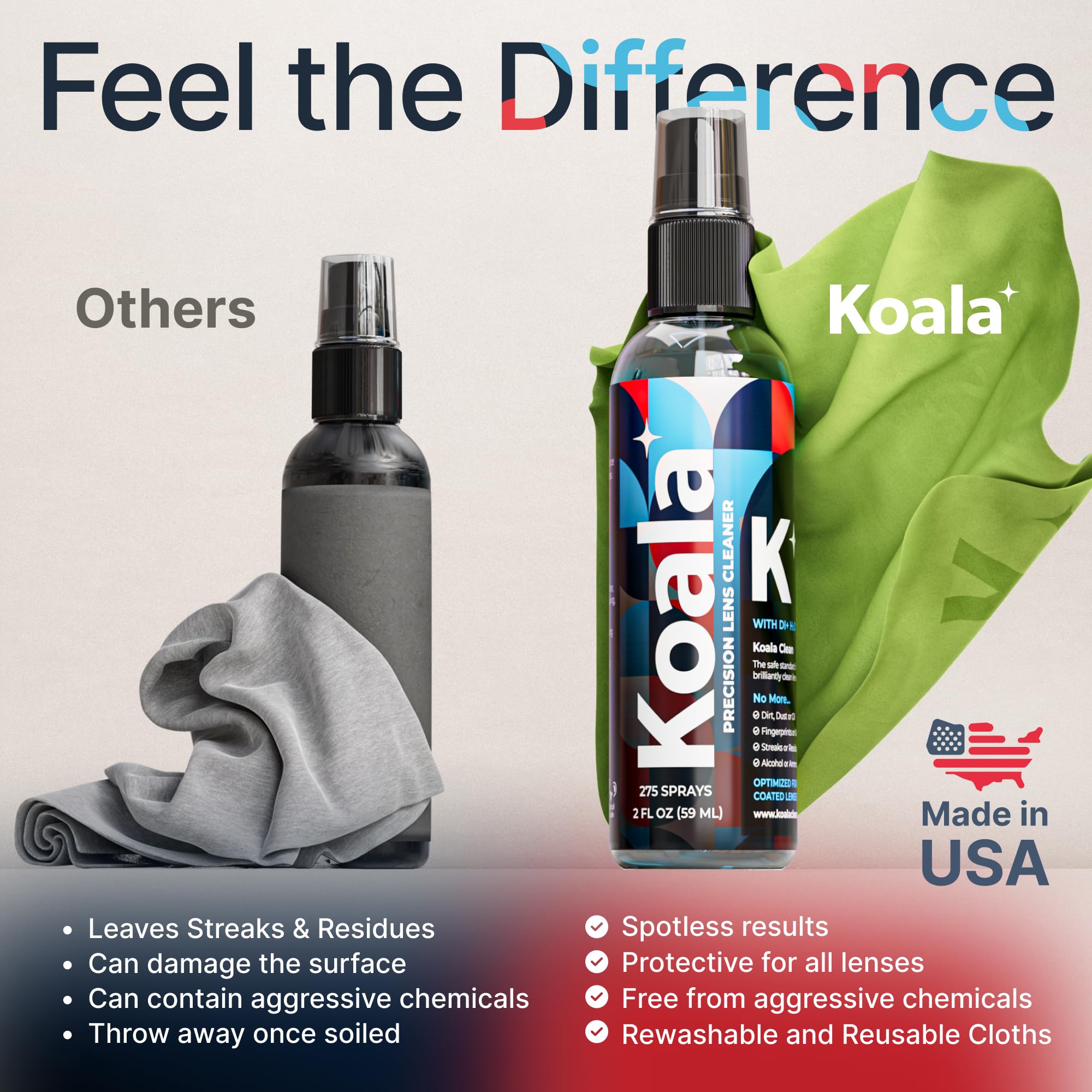 Koala alcohol-free label close-up highlights safe lens cleaning solution