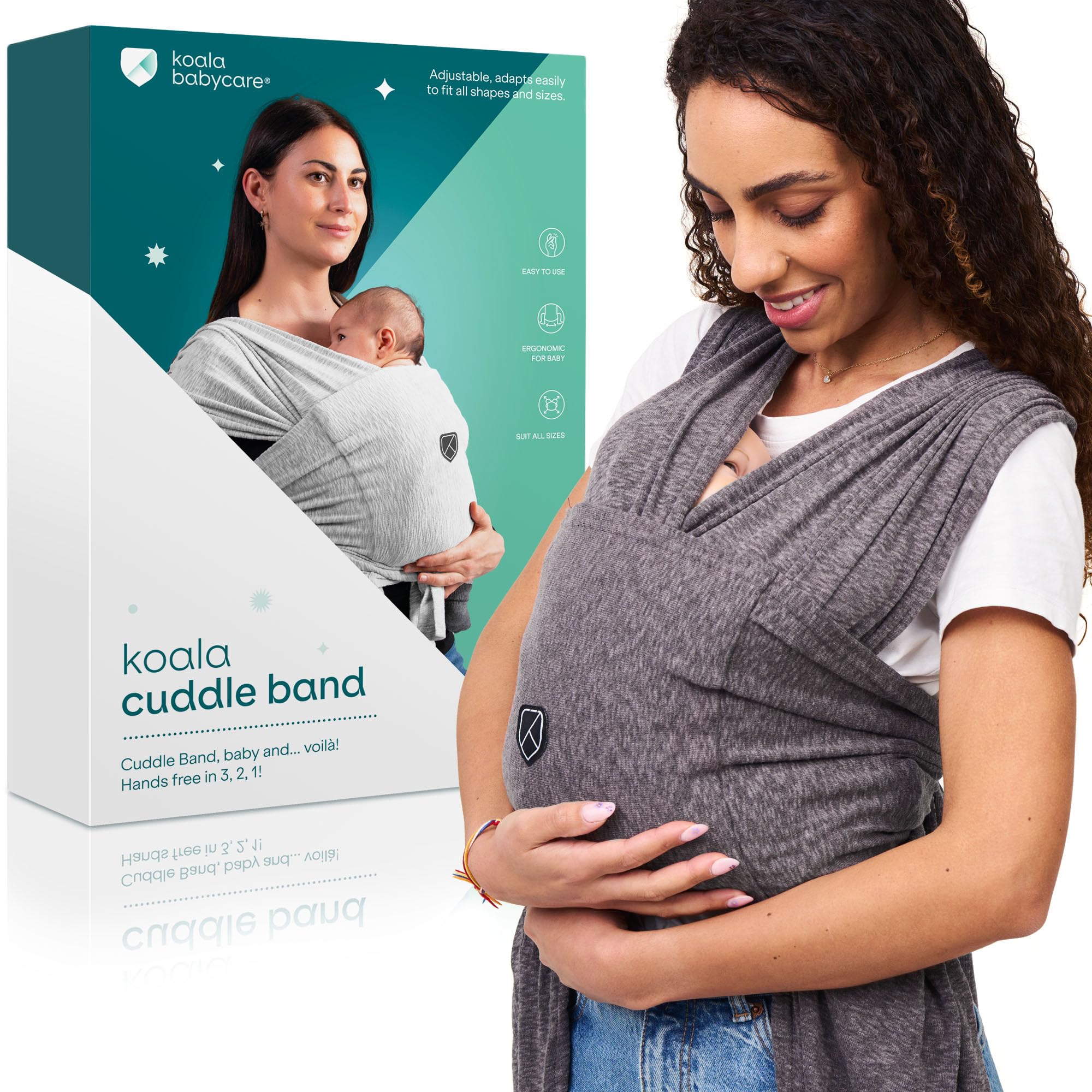 Koala Babycare baby wrap front view showing easy T-shirt style wear for daily use