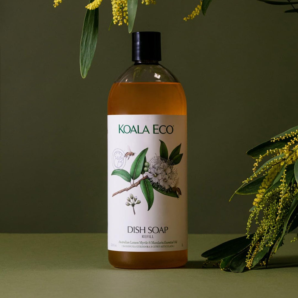 Koala Eco dish soap on drying dishes delivering sparkling results with Australian essential oils.