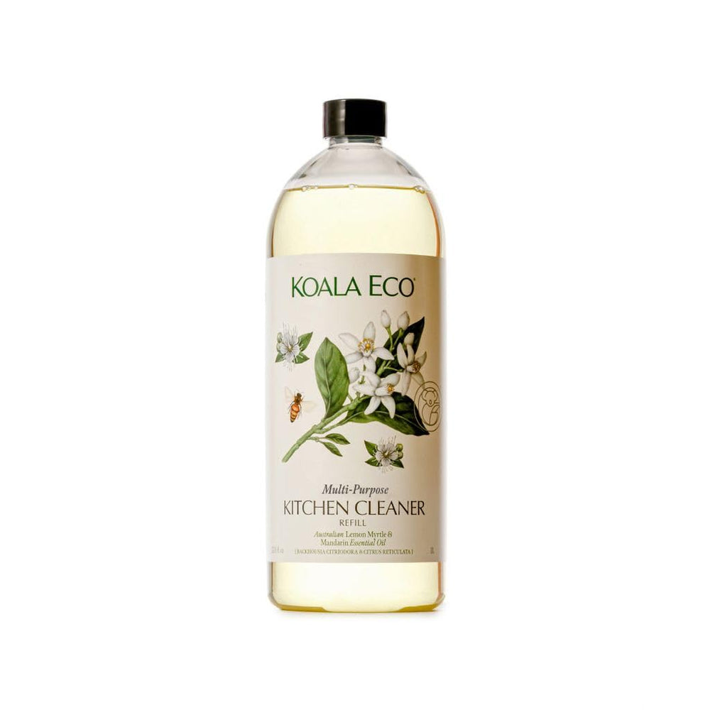 Koala Eco bottle with lemon myrtle cleans fridge surfaces and kitchen benches.