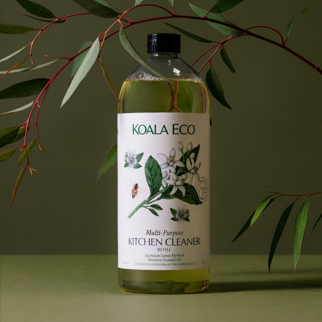 Koala Eco spray demonstrates lemon myrtle aroma while cleaning countertops and appliances.