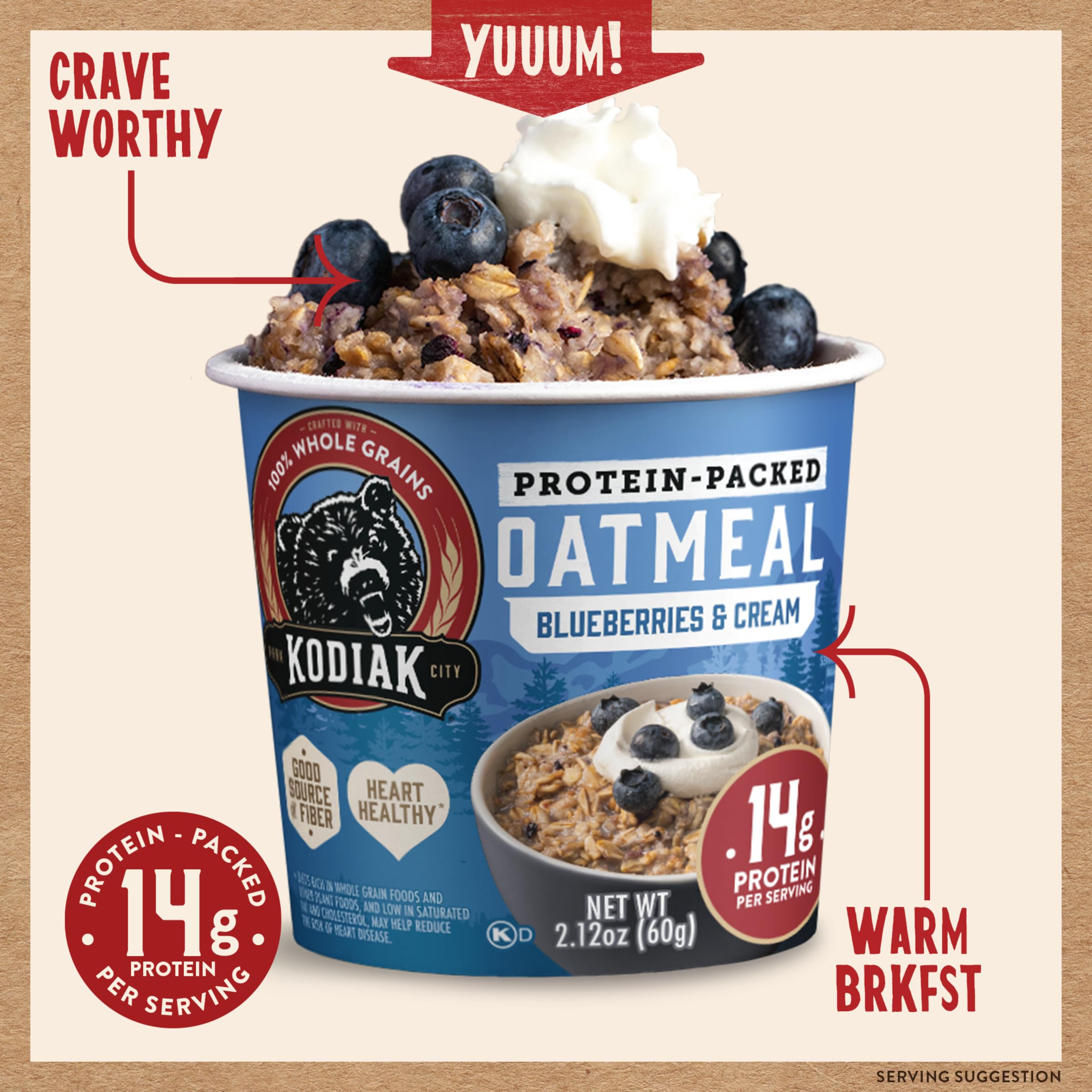 Kodiak Cakes Blueberries & Cream Oatmeal Cups close-up of berry flavor and cream finish