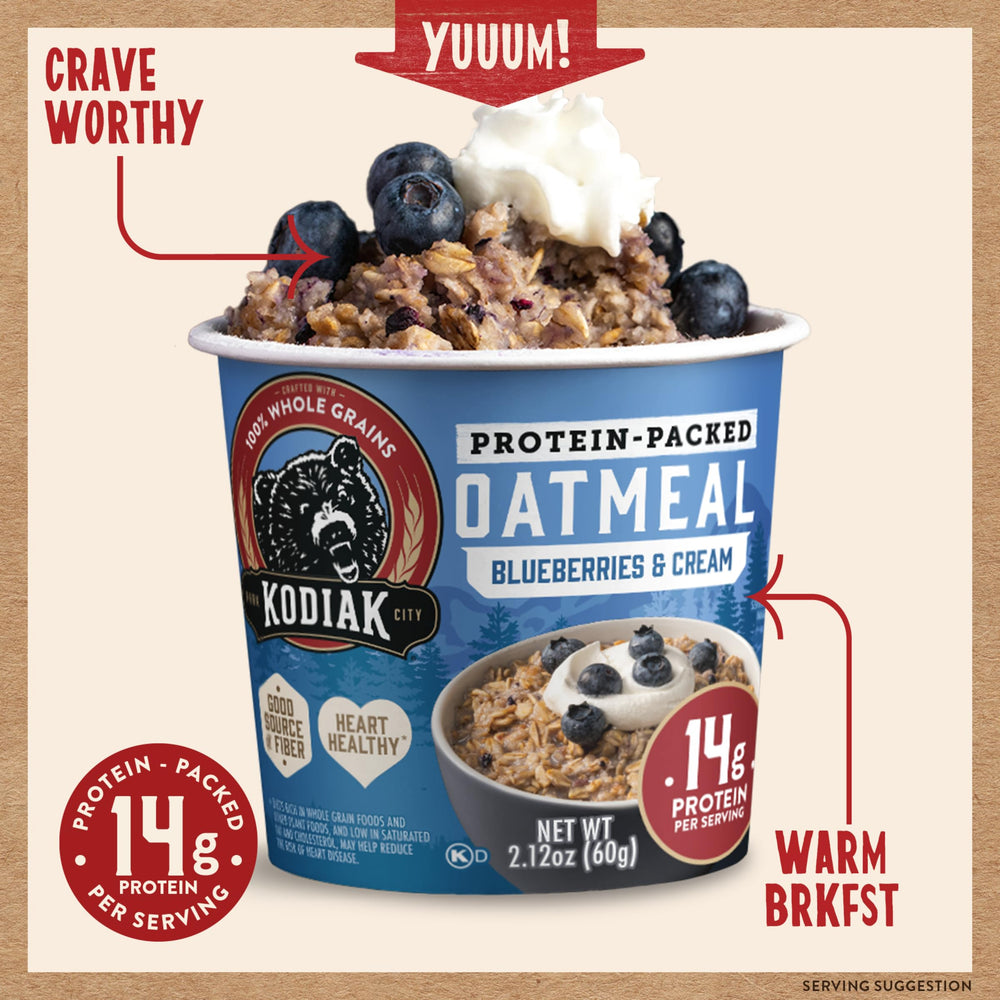 Kodiak Cakes Blueberries & Cream Oatmeal Cups close-up of berry flavor and cream finish