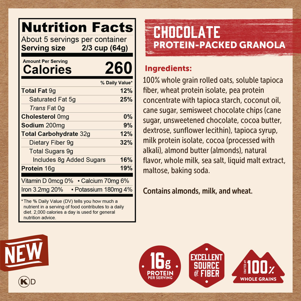 Kodiak Cakes Chocolate Granola close-up showing chunky clusters and protein-packed texture.