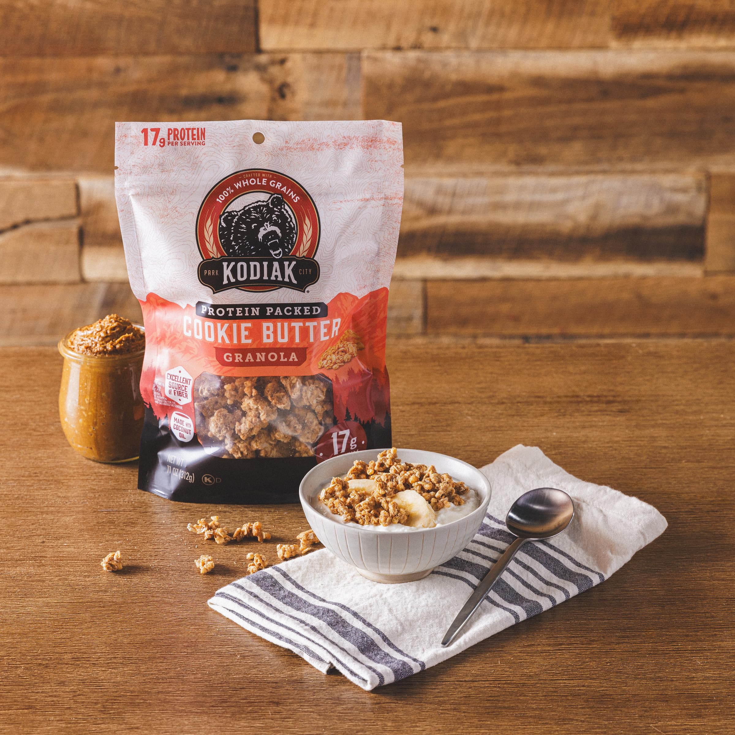 Kodiak Cakes cookie butter granola promotes fiber and crunch