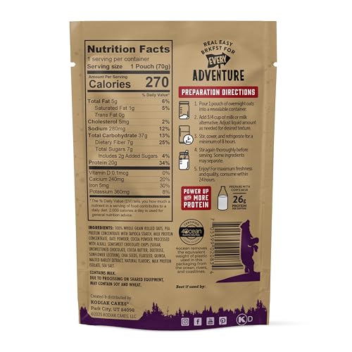 Kodiak Cakes Dark Chocolate Sea Salt oats serving with 20g protein.