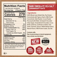 Kodiak Cakes Dark Chocolate Sea Salt overnight oats ingredients include chia, flax, quinoa.