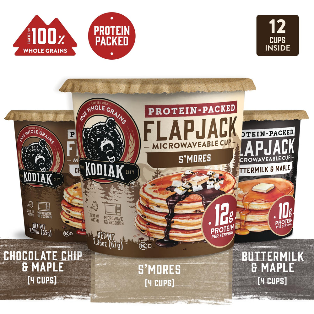 Kodiak Cakes flapjack cups variety-pack box keeps flavors organized for busy weeks.