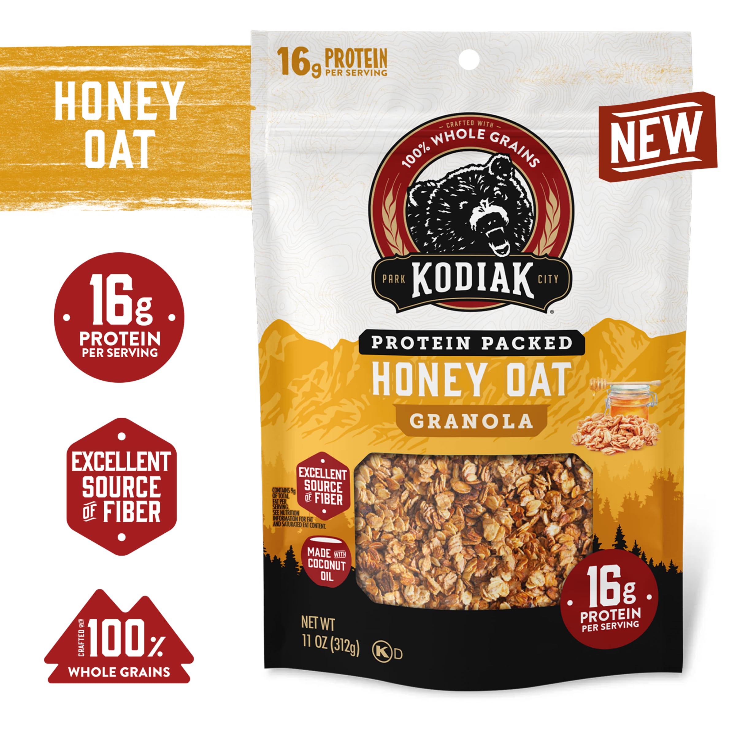 A bowl of Kodiak Cakes Honey Oat Granola with yogurt highlighting versatile topping and protein boost.