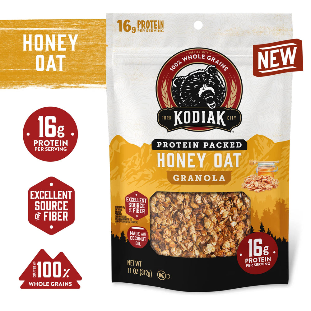 A bowl of Kodiak Cakes Honey Oat Granola with yogurt highlighting versatile topping and protein boost.