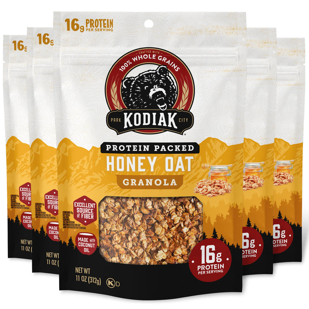 Kodiak Cakes Honey Oat Granola pack with five resealable pouches for on-the-go fuel.