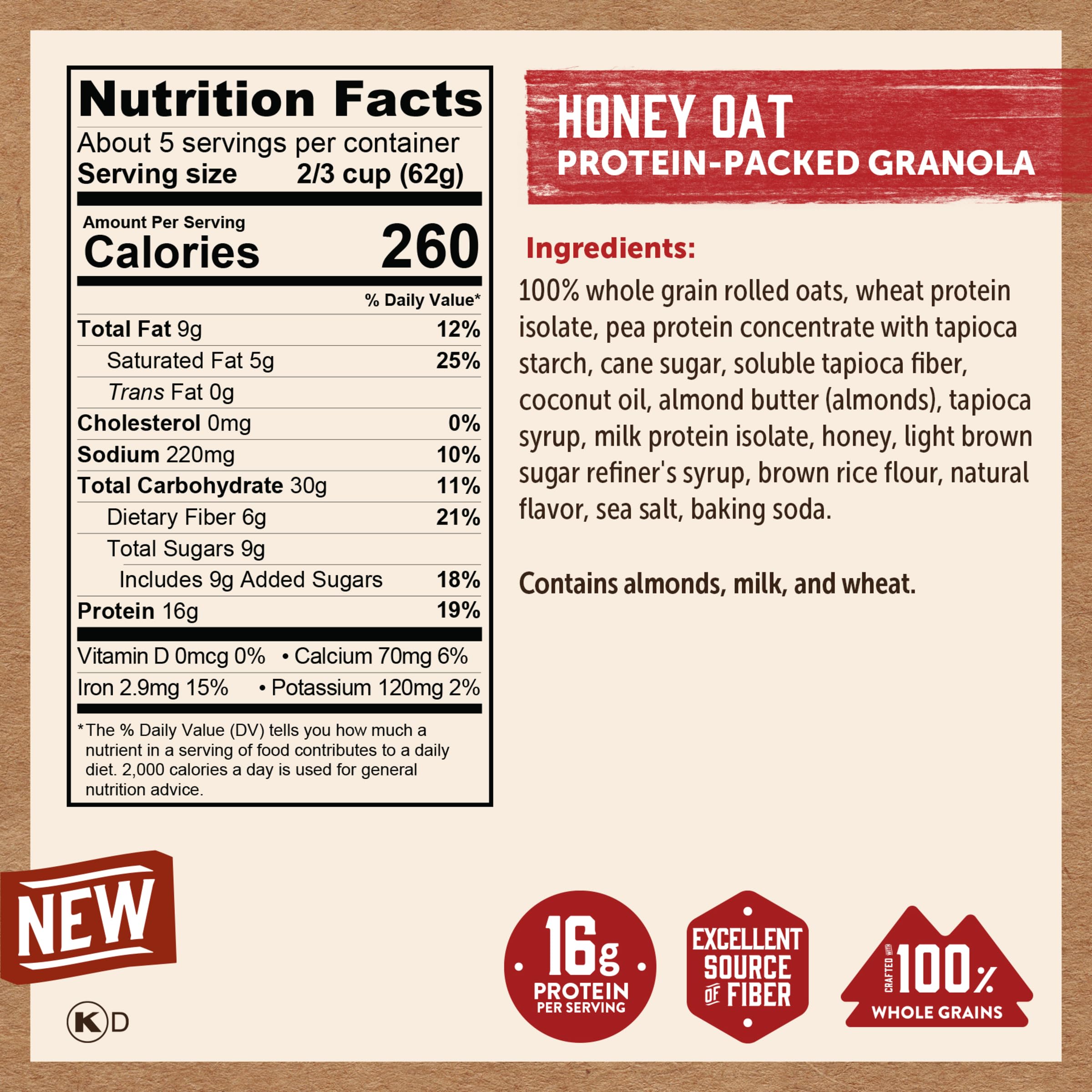 Close-up of Kodiak Cakes Honey Oat Granola pouch showing crunchy texture and honey notes.
