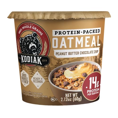 Kodiak Cakes peanut butter chocolate chip cup showing oats and chips for tasty mornings.