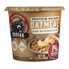 Kodiak Cakes peanut butter chocolate chip cup showing oats and chips for tasty mornings.