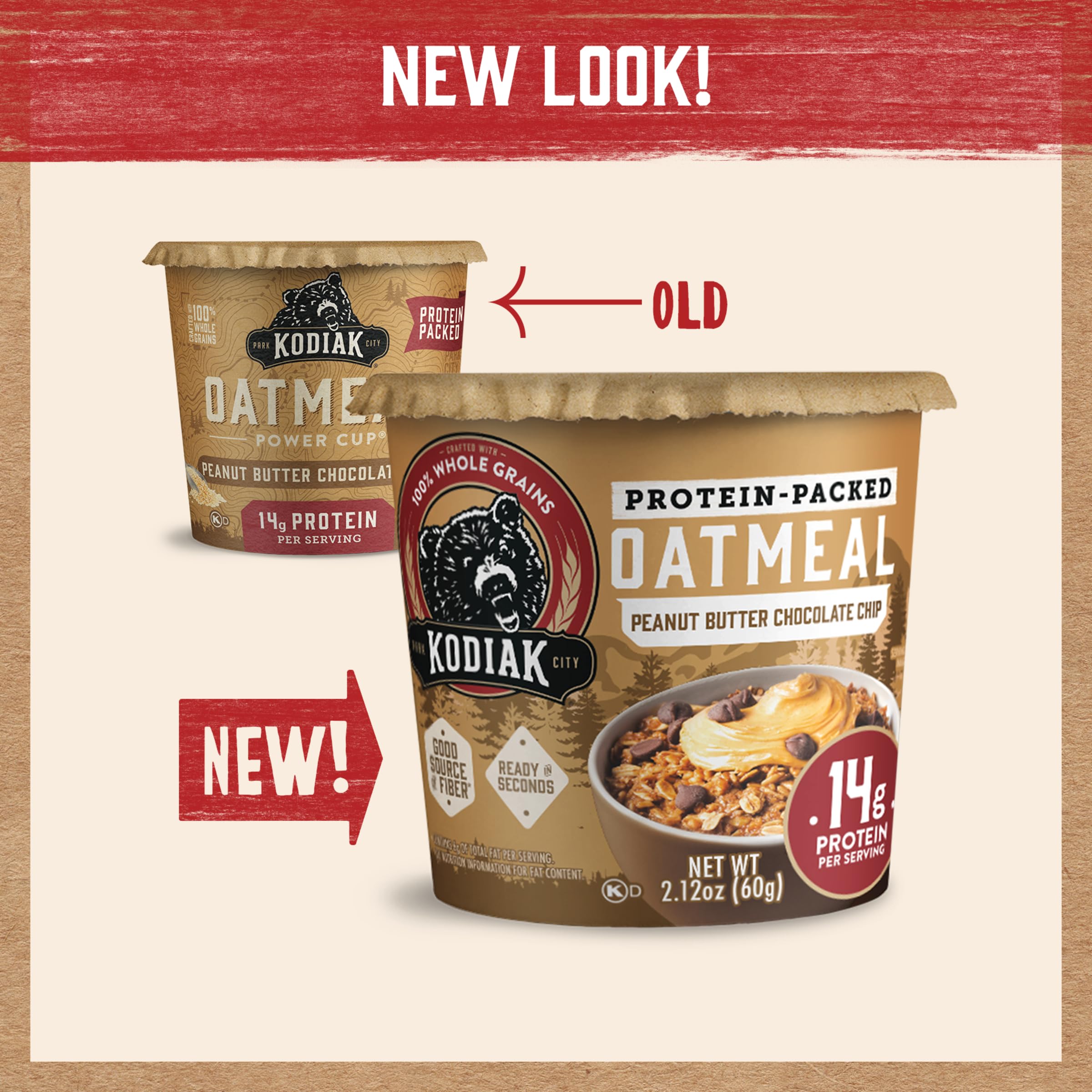 Kodiak Cakes instant oatmeal cup with 14g protein per serving.