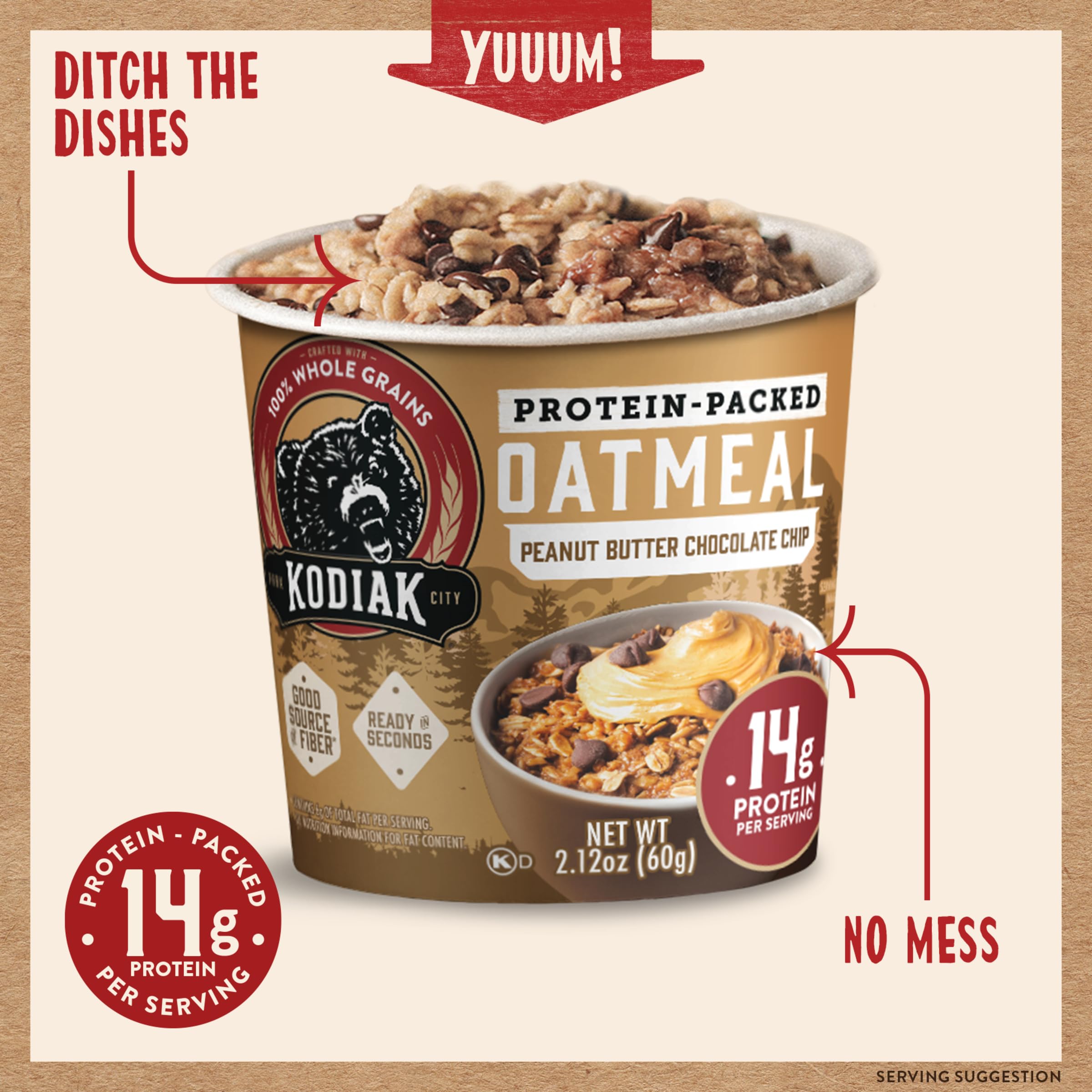 Kodiak Cakes oatmeal cup with peanut-butter-chocolate-chip, perfect for a quick protein-rich breakfast.