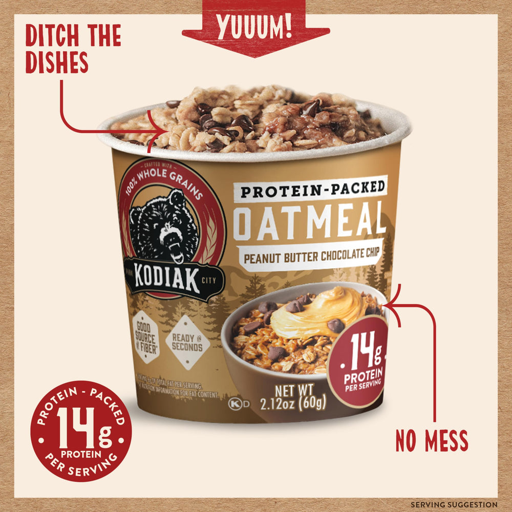 Kodiak Cakes oatmeal cup with peanut-butter-chocolate-chip, perfect for a quick protein-rich breakfast.