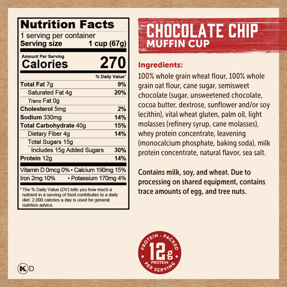 Kodiak Cakes Minute Muffins Chocolate Chip ingredients and whole grains in a convenient muffin.