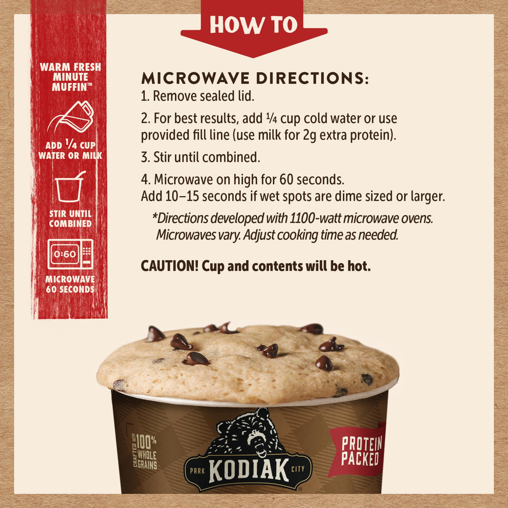 Kodiak Cakes Minute Muffins Chocolate Chip semisweet chips add gentle sweetness.