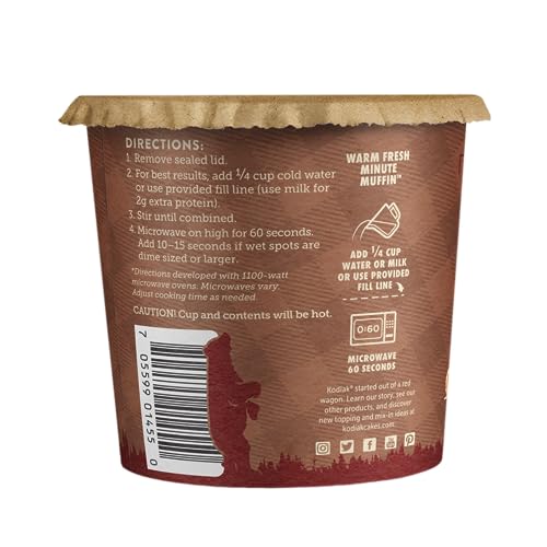 Kodiak Cakes Minute Muffins Cinnamon Roll nutrition label, 12 g protein.