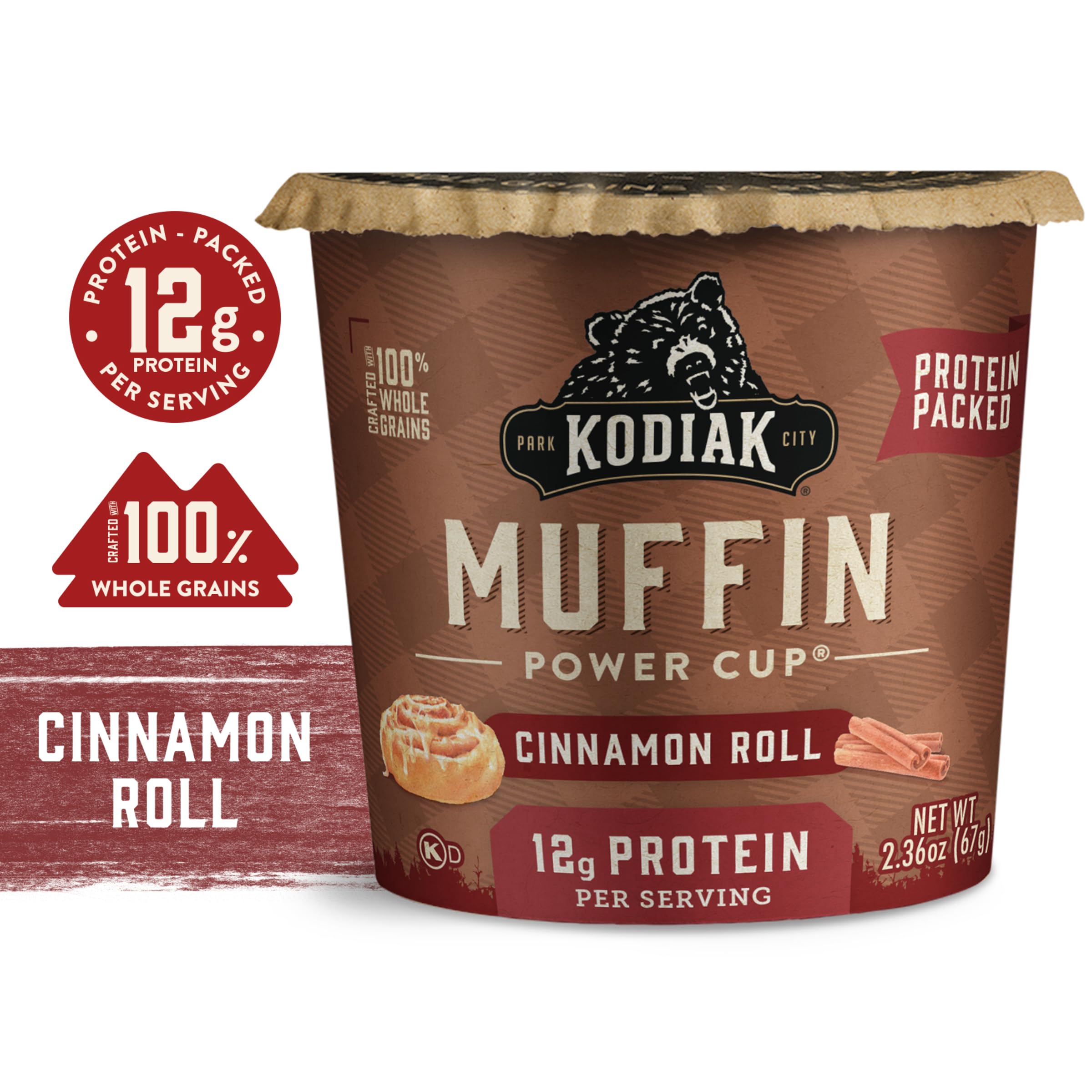 Kodiak Cakes Minute Muffins Cinnamon Roll packaging, bundle of 12 muffins.