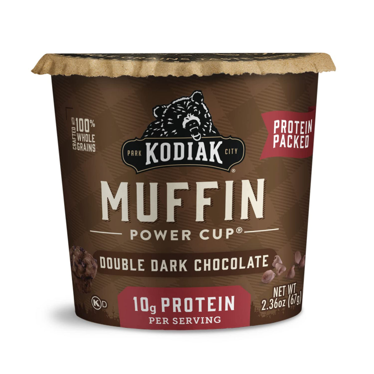 Kodiak Cakes Minute Muffins Double Dark Chocolate 12-pack on shelf for quick mornings.