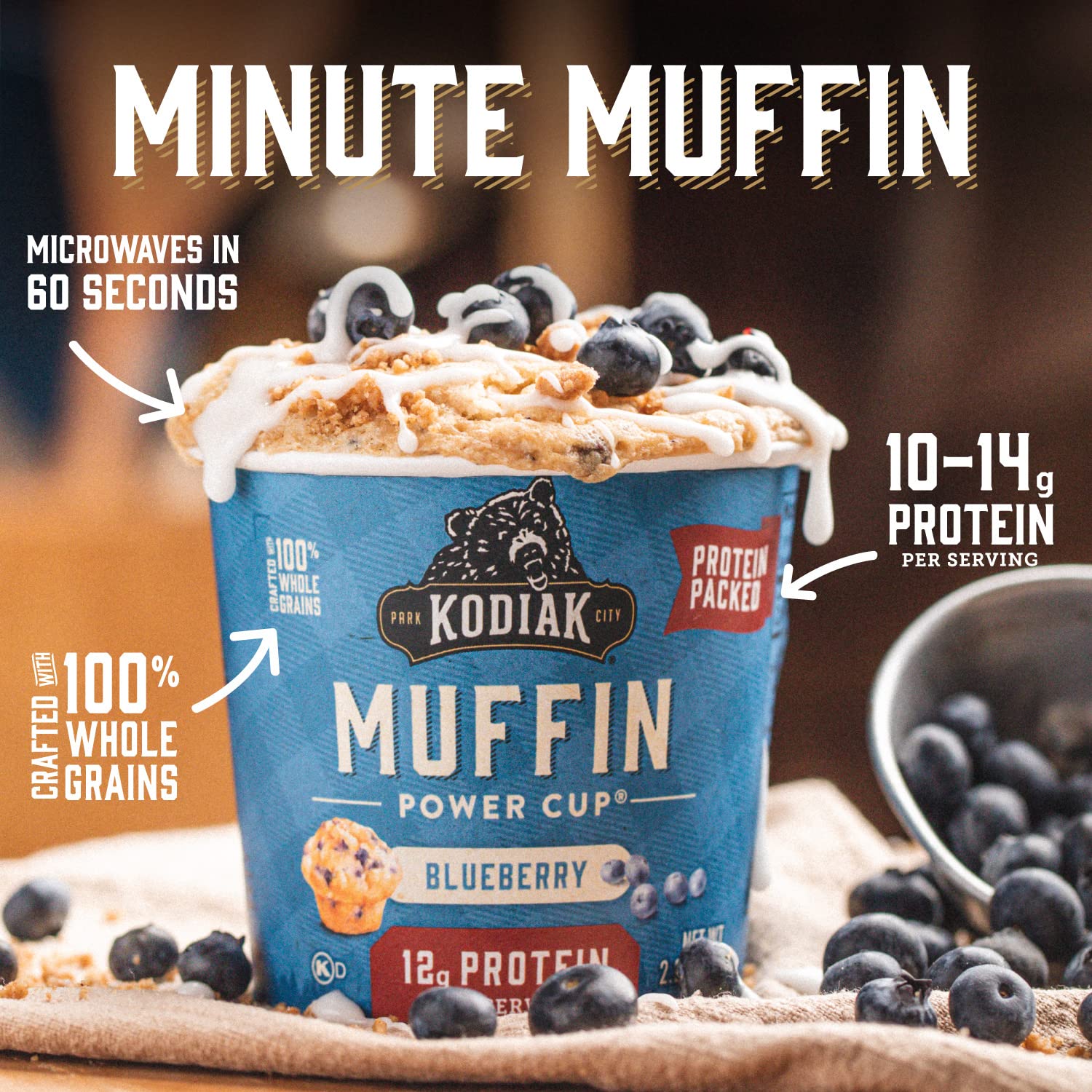 Kodiak Cakes Minute Muffins Mountain Blueberry microwave preparation setup for a fast morning.