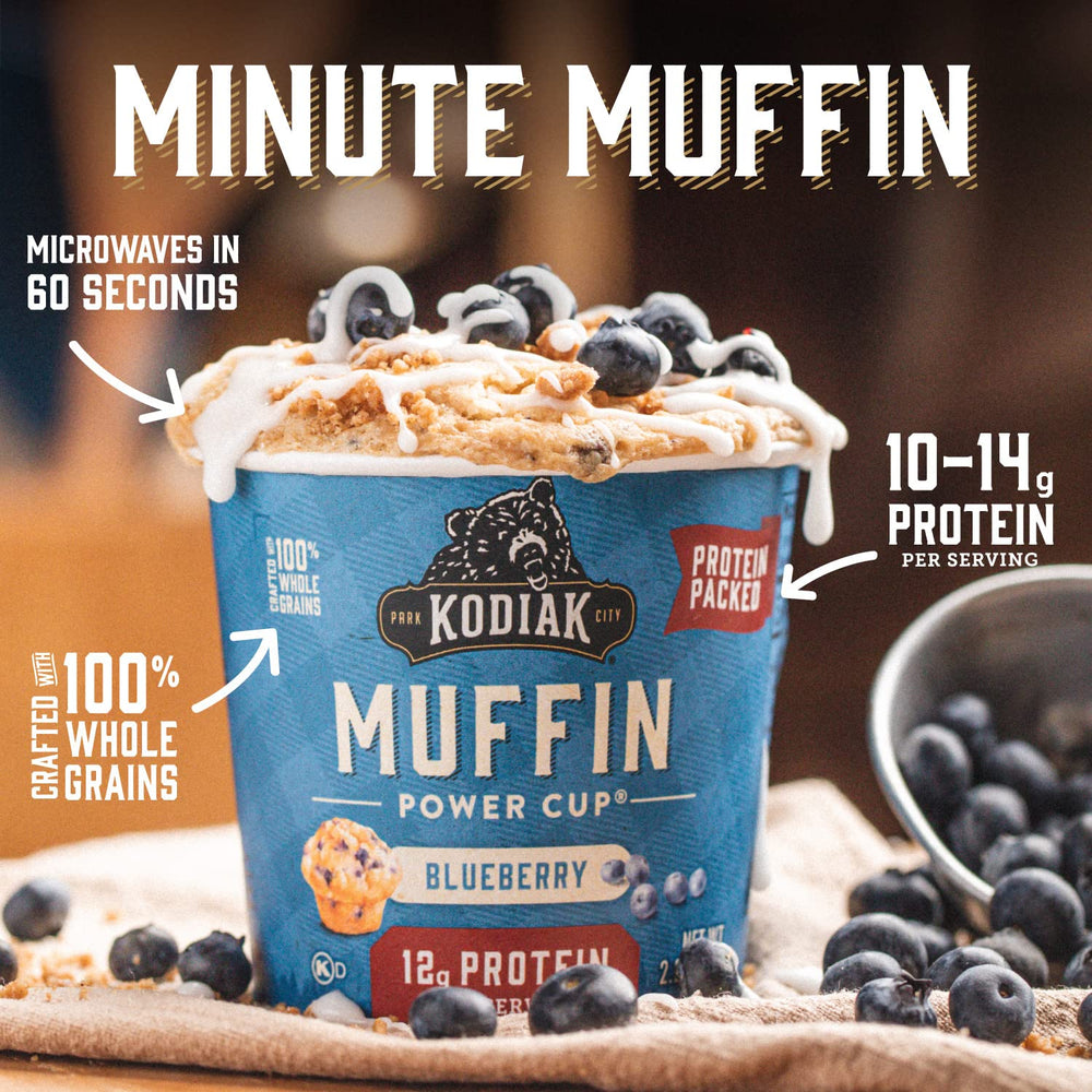Kodiak Cakes Minute Muffins Mountain Blueberry microwave preparation setup for a fast morning.