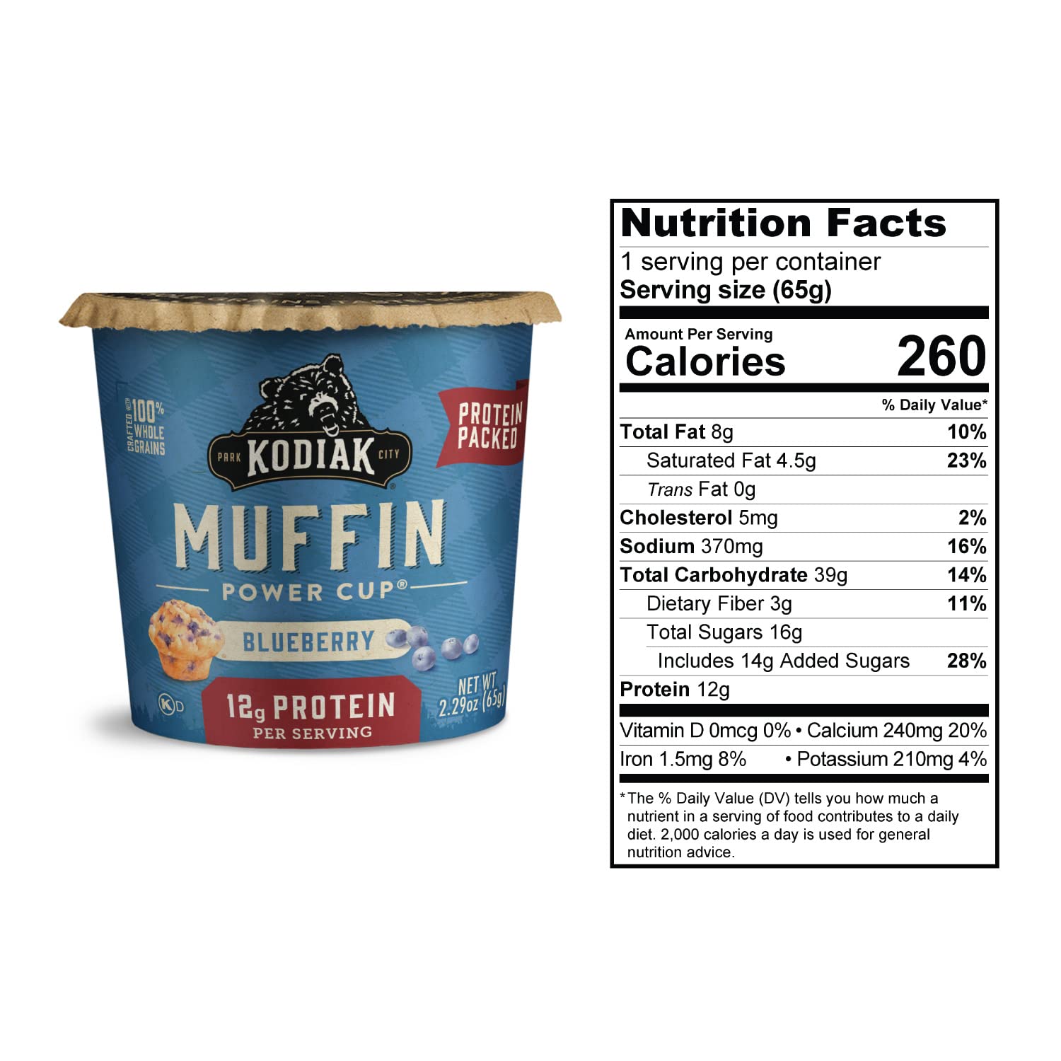 Kodiak Cakes Minute Muffins Mountain Blueberry made with 100% whole grains for energy.