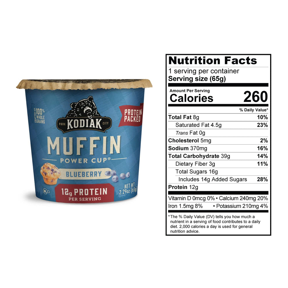 Kodiak Cakes Minute Muffins Mountain Blueberry made with 100% whole grains for energy.