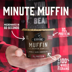 Kodiak Cakes Minute Muffins label highlights non-GMO ingredients and whole grains.