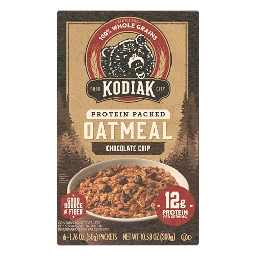 Bowl of Kodiak Cakes oatmeal with chocolate chips, ready to enjoy.
