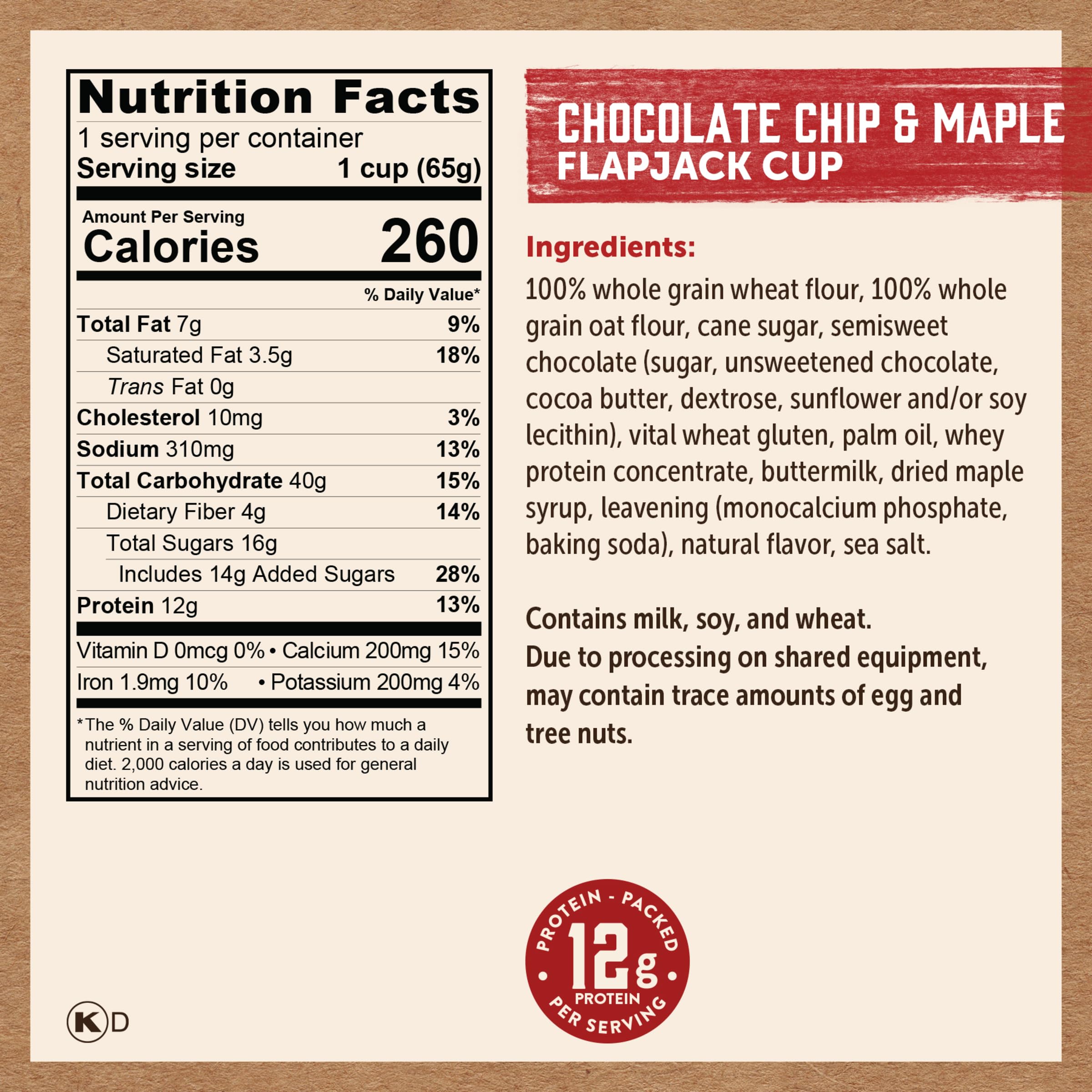 Kodiak Cakes Pancake On The Go foil cup close-up showing chocolate chips.