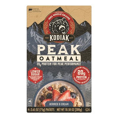 Serving bowl of Kodiak Cakes Peak Oatmeal with oats and berries visible.