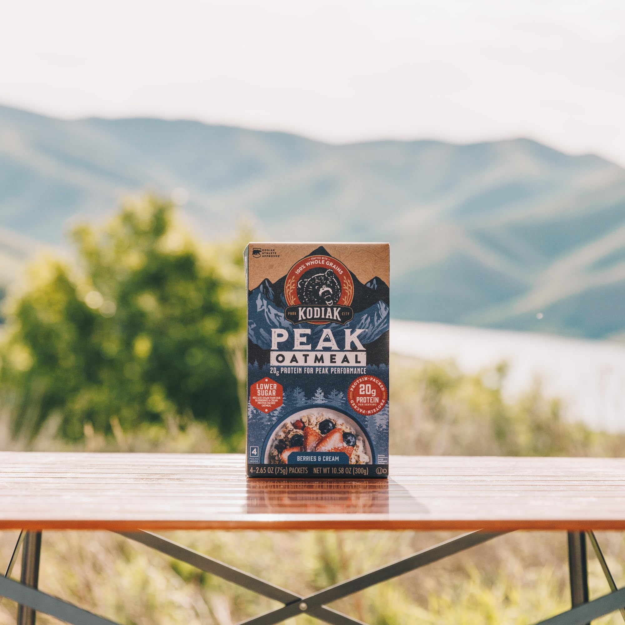 Morning routine with Kodiak Cakes Peak Oatmeal on the kitchen counter.